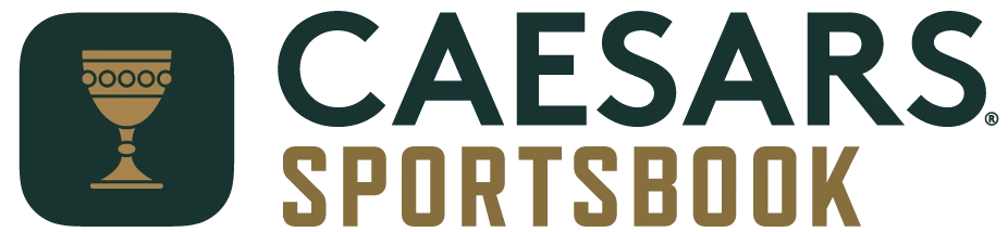 The image shows the logo for Caesars Sportsbook, featuring a stylized goblet icon next to the text. logo on footer section.