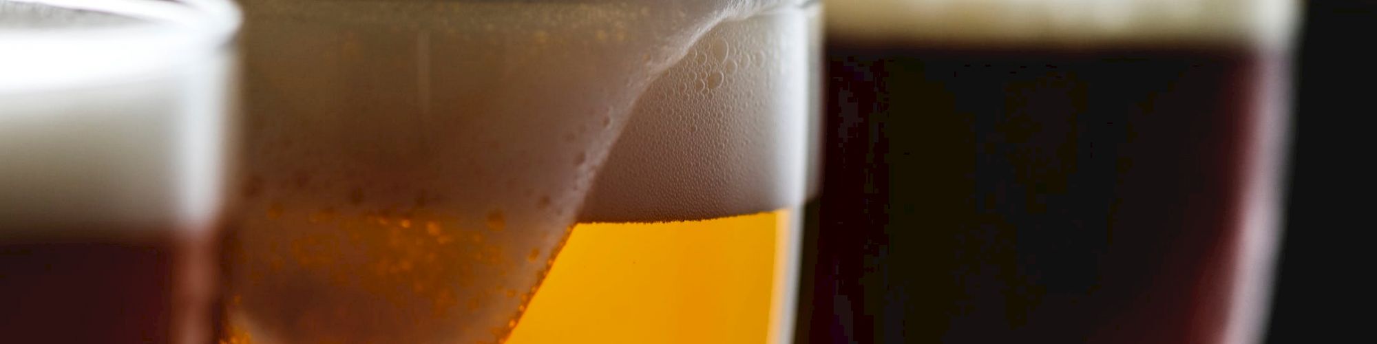 The image shows close-up shots of beer in glasses, with a visible foam head on one glass. The beers vary in color from light to dark.