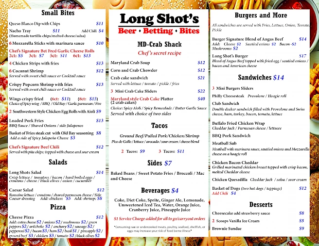 This is a restaurant menu titled "Long Shot's." It lists items in categories like Small Bites, Salads, Pizza, MD-Crab Shack, Tacos, Sides, Beverages, Burgers and More, Sandwiches, and Desserts.