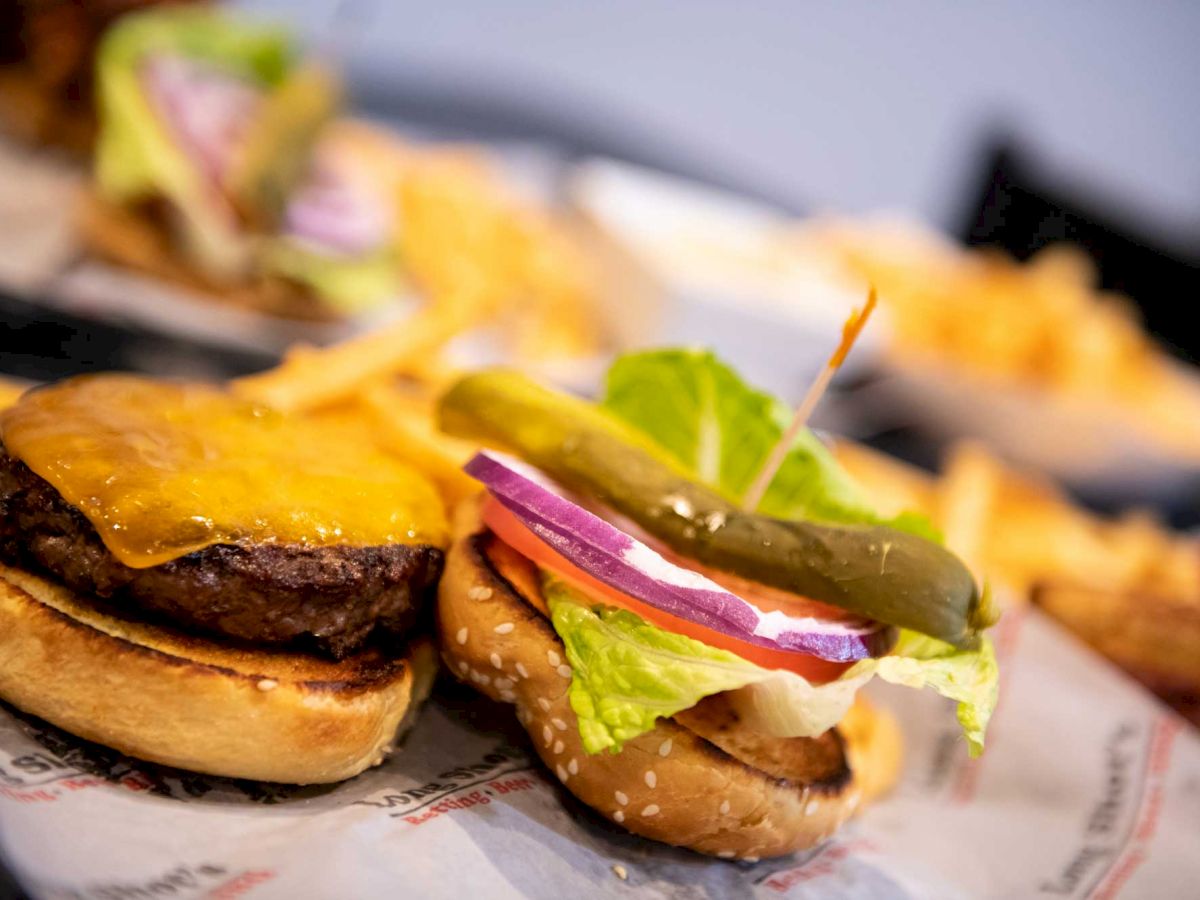 The image shows a cheeseburger with a pickle, red onion, lettuce, and tomato, alongside some French fries on a dish.